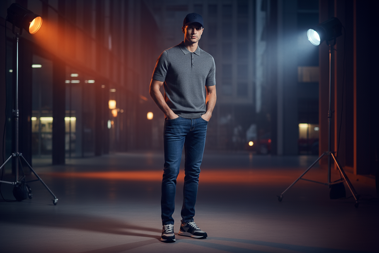 A full-body portrait of a stylish man wearing trendy casual clothes — fitted dark blue jeans, a short-sleeve polo sweater reaching the elbows in neutral tones (gray, white, or navy blue), fashionable sneakers that match the outfit, and a modern baseball cap. The man stands confidently in a captivating setting with cinematic lighting — the background could be an elegant urban environment or a softly lit studio with orange and blue tones that create a dynamic contrast. The atmosphere feels premium, modern, an